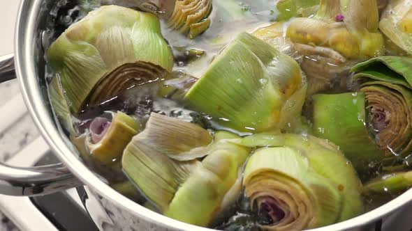 Boiling Artichokes in Saucepan