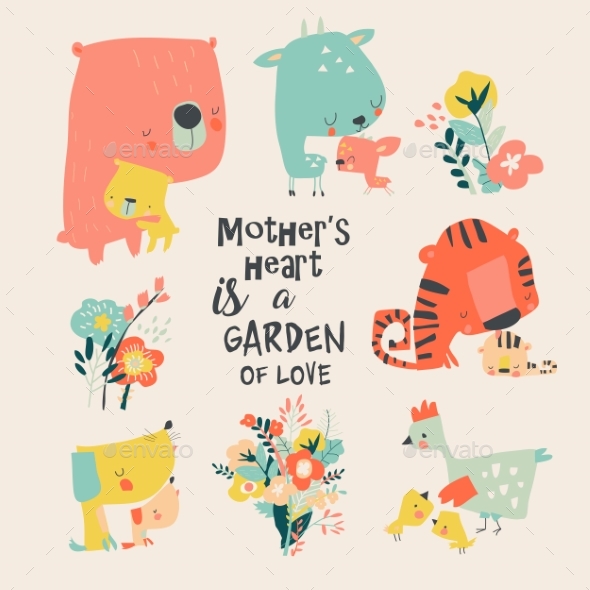 Set of Cute Animals for Mothers Day in Cartoon