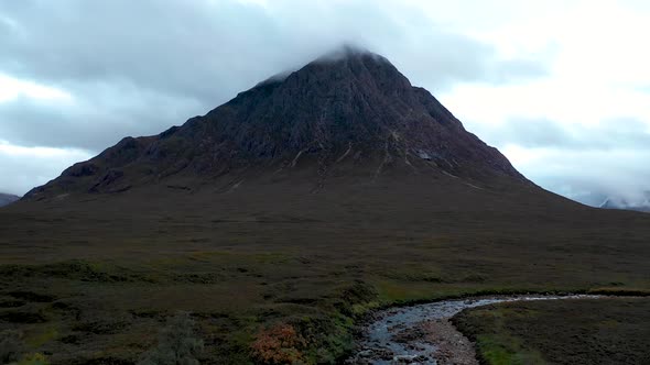 Aerial drone view of the highlands near Glencoe in Scotland