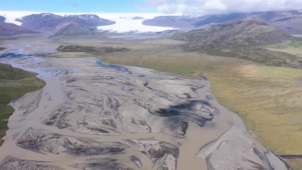 Aerial Drone View of Wild Glacial Rivers and Moraine Deposits