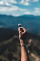 Purple flowers in hand on a background of mountains - PhotoDune Item for Sale