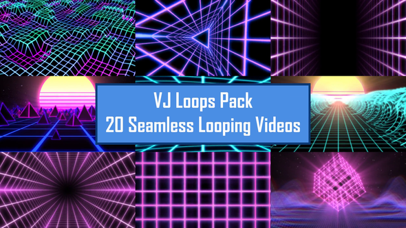 Retro Synthwave 80s Neon Grid Laser VJ Loop Pack 4K - 20 Loops