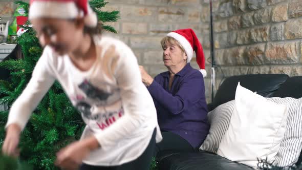 Woman with Her Mother and Daughter Preparing Christmas Tree at Home Wearing Christmas Red Hat