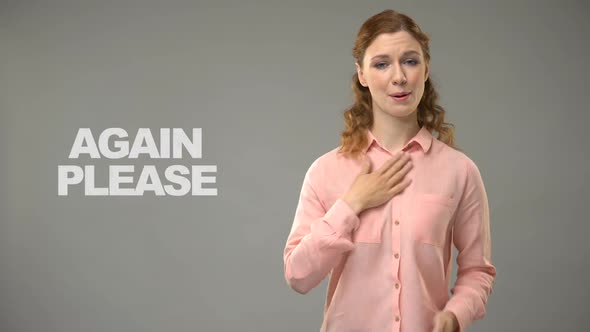 Deaf Lady Asking Again Please in Sign Language, Text on Background Communication