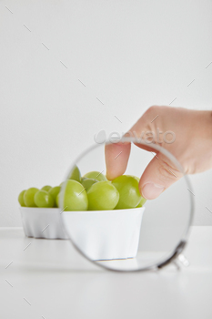 rganic superfood in ceramic bowl concept for healthy eating and nutrition isolated on white table, magnigied through binocular magnifier to see details. Hand takes one grape