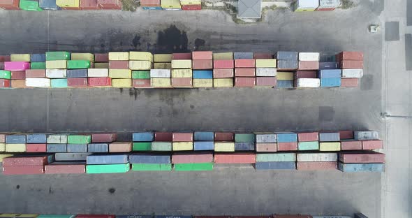 Aerial footage of port container terminal, Industrial cargo harbor