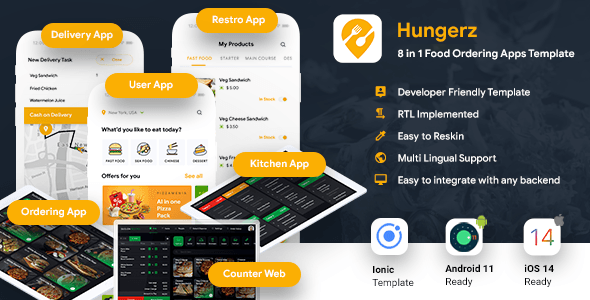 8 in1 Mutli Restaurant Food Ordering App|Food Delivery App| Android+iOS App Template|IONIC 5 Hungerz