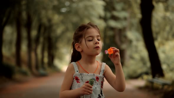 Girl Blowing Soap Bubbles. Playful Cute Preschool Kid Leisure Outdoor Soap Bubble.