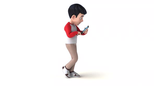 Fun kid walking with a mobile phone