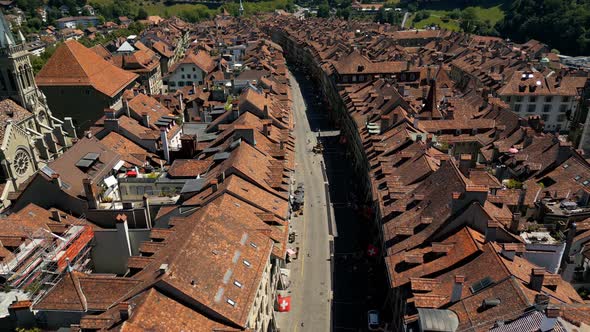 Flight Over the Main Street in the Historic City Center of Bern Switzerland