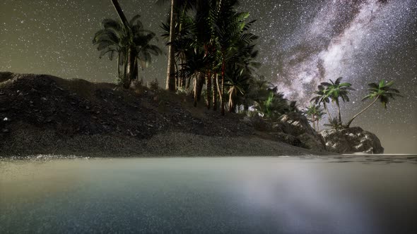 Beautiful Fantasy Tropical Beach with Milky Way Star in Night Skies