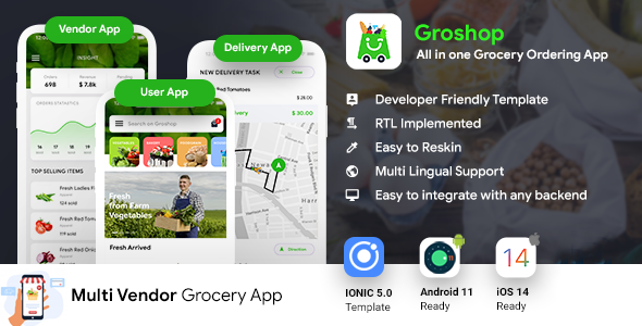 Grocery Delivery App | Grocery Ordering Android + iOS App Template | 3 Apps | IONIC 5 | Groshop