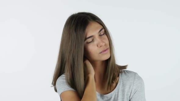 Tired Beautiful Girl, White Background in Studio