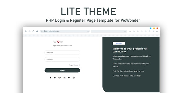 Lite PHP Zaloguj się i zarejestruj szablon strony dla WoWonder