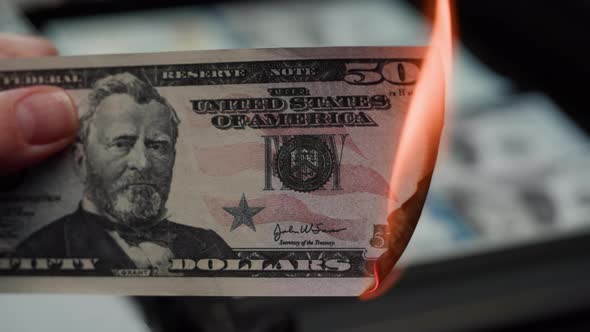 Burning American Dollar Banknotes Flame of Fire From Money