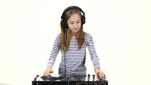 Teen Girl Dj in Headphones Plays for Console. White Background