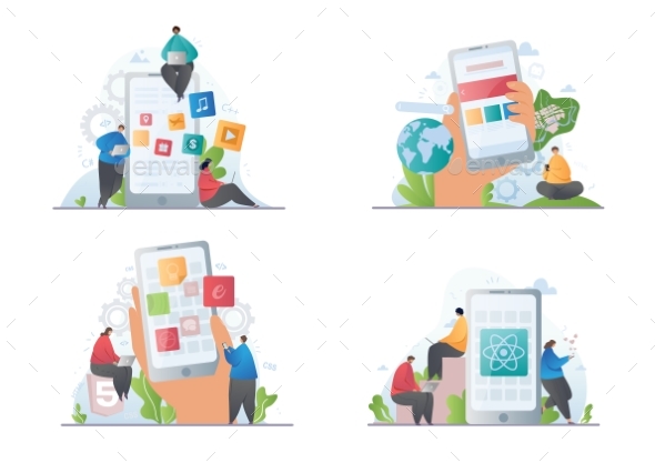 Set of Four Depictions of Mobile Apps and Websites