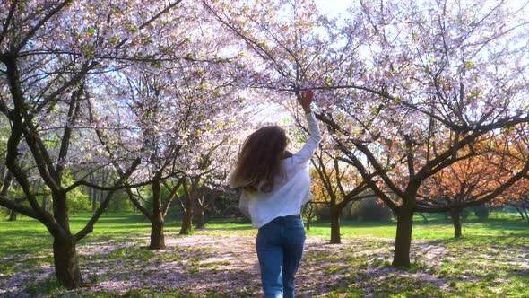 Girl running in Japanese Garden with blooming trees. Young woman with long hair enjoys spring