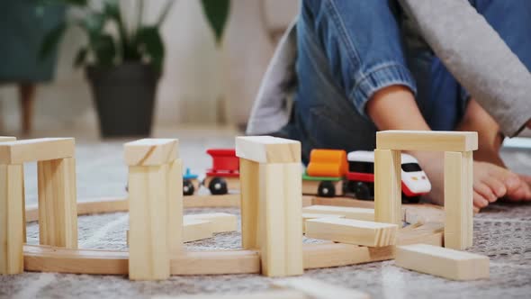 Child Build Wooden Railroad Falling Items Toy Train Derail