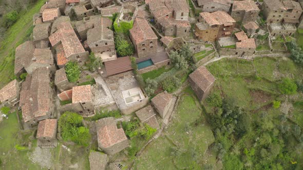 Aerial drone view of Talasnal xisto schist shale village in Lousa, Portugal