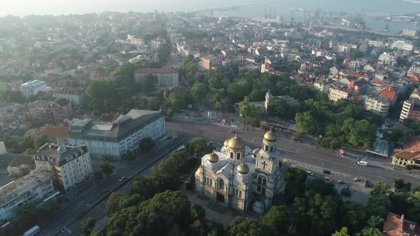 Aerial view of the Cathedral of the Assumption on sunrise, Varna Bulgaria.