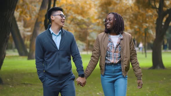 Portrait of Happy Multiethnic Couple Holding Hands Walking Together in Park