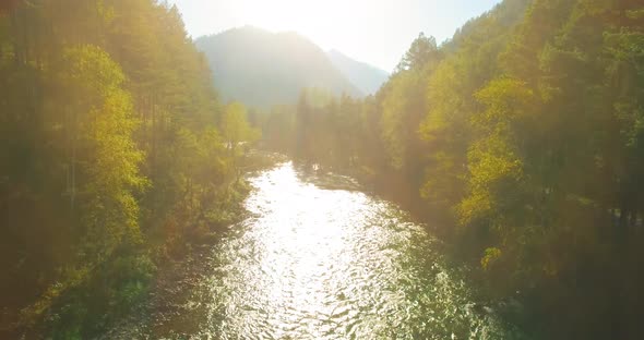 Low Altitude Flight Over Fresh Fast Mountain River with Rocks at Sunny Summer Morning