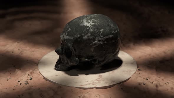 The Black Marble Skull Rotates and Flips on a White Platform in Sand