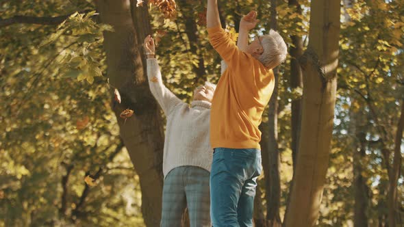 Elderly Couple Relaxing in Nature. Throwing Yellow Leaves in the Air