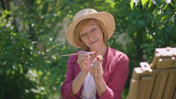 Joyful Senior Woman Painting with Brush on Strawberry Smiling Looking at Camera