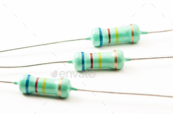 Radio components, color-coded resistors with wire leads