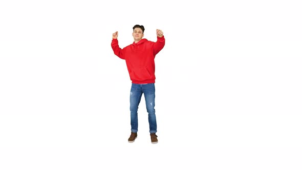 Hip-Hop Style Man in Red Hoody Dancing on White Background.