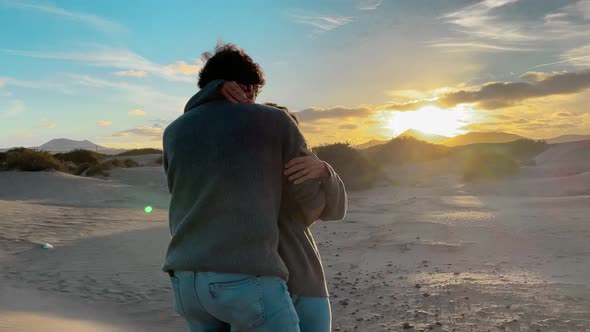 Relationship people man and woman hugging in love. Happy romantic adult couple in love enjoy sunset