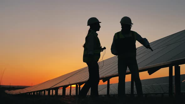 Two Experts Are Checking and Discussing Solar Panels