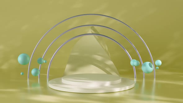 3D Animation of minimal yellow podium display for cosmetic product presentation, pedestal background alt