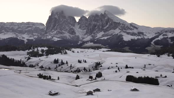 Mountains and hills with snow at sunrise