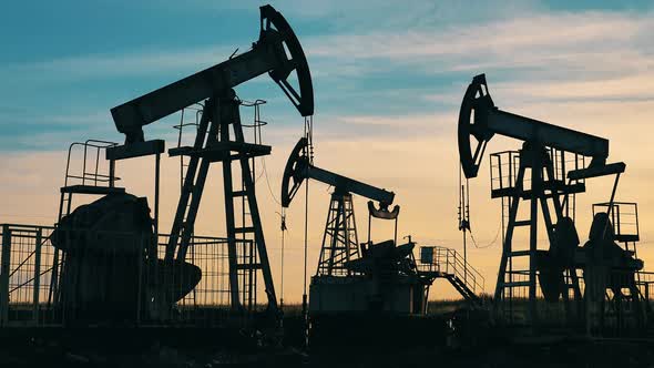 Silhouettes of Functioning Oil Pumpjacks at Sunset