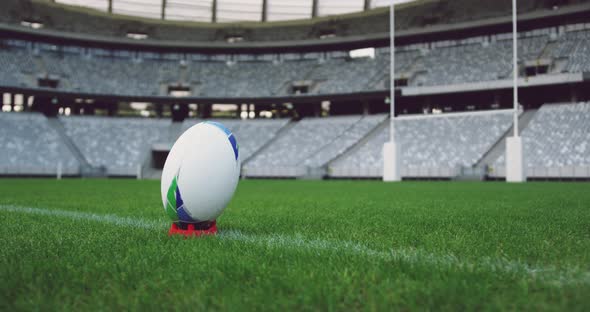 Rugby ball on a grass in the stadium