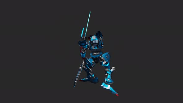 The robot acts in the Standing Melee Attack 360 High style and wields a double sword