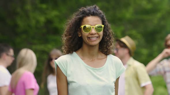 Pretty Actress Sending Air Kiss to Camera, Dancing at Open-Air Party, Relaxation