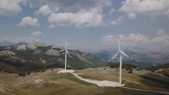 Aerial view of windmills farm. Power Energy Production in Montenegro.  Landscape with wind turbines