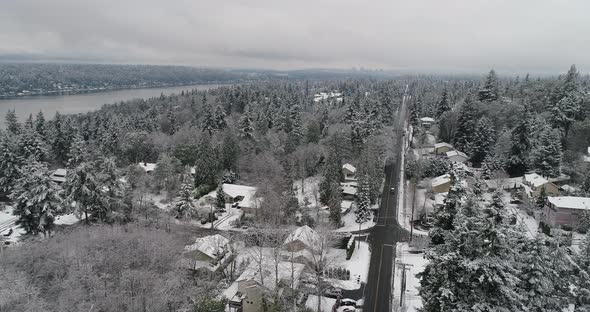 Bellevue Newcastle Mercer Island Lake Washington Aerial Above Winter Snow Covered Landscape