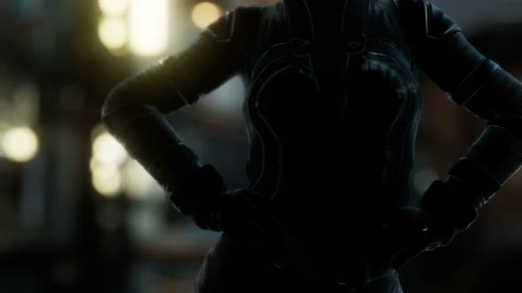 Futuristic Cyberpunk Style Young Woman with Neon Bokeh Lights alt