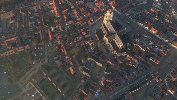 Top down aerial of Saint Saviour's Cathedral and surrounds Bruges