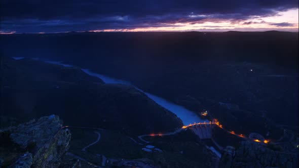 Sunrise over Douro River. Border Portugal Spain. Timelapse
