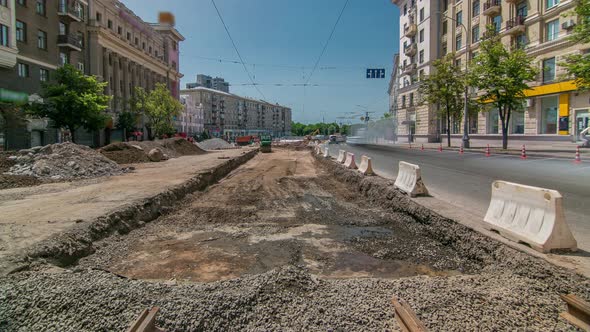 Excavator Working on Earthmoving at Open Pit Mining in the City Street Timelapse