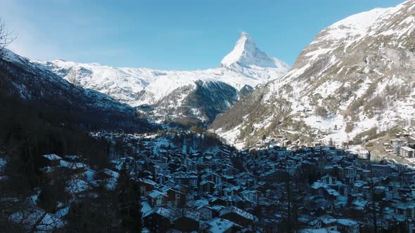 Aerial View on Zermatt Valley and Matterhorn Peak in the Morning