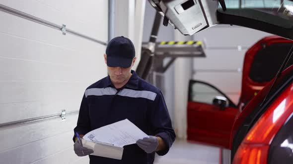 Man in Uniform in a Auto Repair Shop Walking Around Looking to His Notes