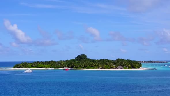 Drone panorama of resort beach by blue sea and sand background