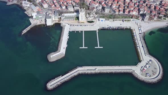 View From a Height on the Pier of the City the Islands of Pomorie with Many Boats and Boats in the